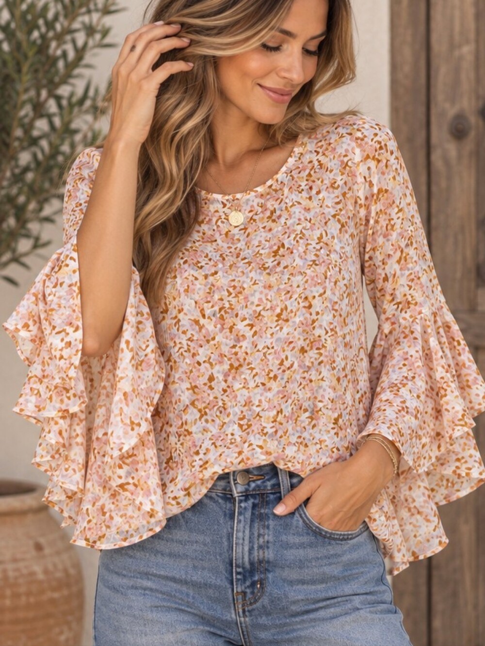 LC Lauren Conrad Floral Bell Sleeve Blouse Small Pink Rust Cottagecore Boho